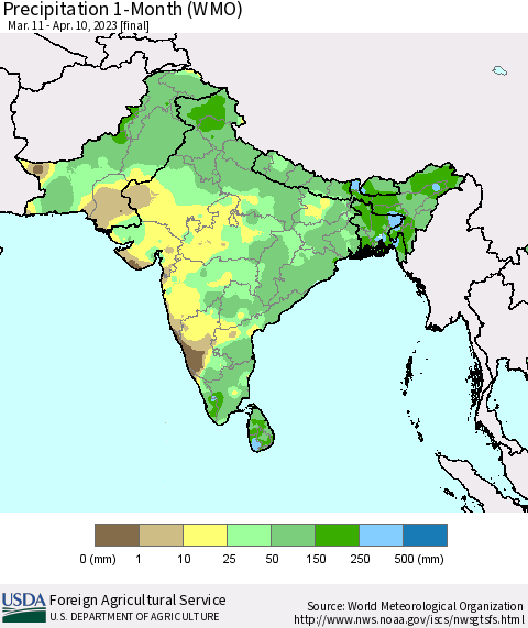Southern Asia Precipitation 1-Month (WMO) Thematic Map For 3/11/2023 - 4/10/2023