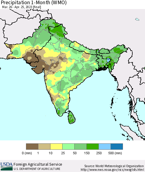 Southern Asia Precipitation 1-Month (WMO) Thematic Map For 3/26/2023 - 4/25/2023