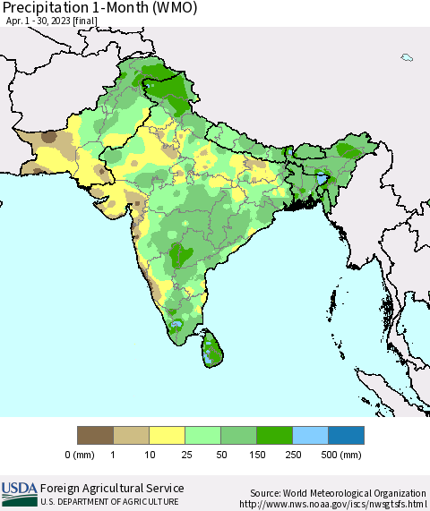 Southern Asia Precipitation 1-Month (WMO) Thematic Map For 4/1/2023 - 4/30/2023