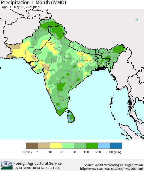 Southern Asia Precipitation 1-Month (WMO) Thematic Map For 4/11/2023 - 5/10/2023