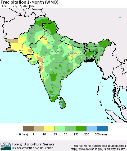Southern Asia Precipitation 1-Month (WMO) Thematic Map For 4/16/2023 - 5/15/2023