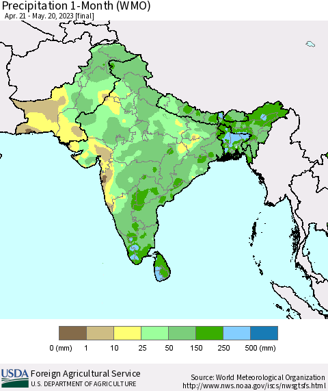 Southern Asia Precipitation 1-Month (WMO) Thematic Map For 4/21/2023 - 5/20/2023