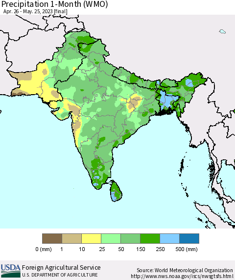 Southern Asia Precipitation 1-Month (WMO) Thematic Map For 4/26/2023 - 5/25/2023