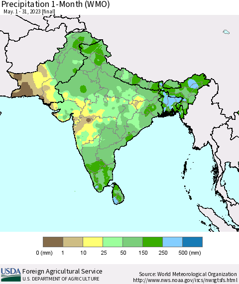 Southern Asia Precipitation 1-Month (WMO) Thematic Map For 5/1/2023 - 5/31/2023