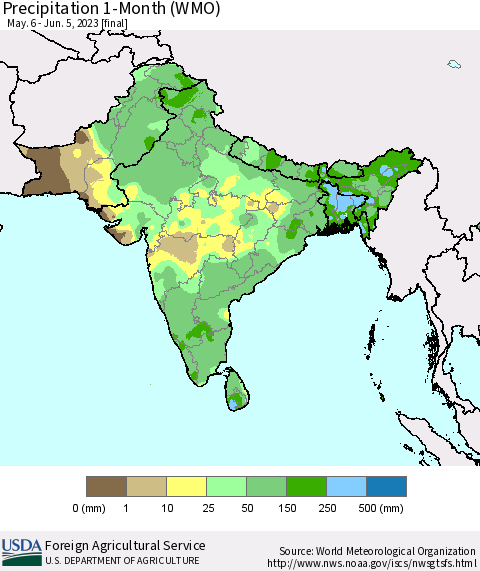 Southern Asia Precipitation 1-Month (WMO) Thematic Map For 5/6/2023 - 6/5/2023