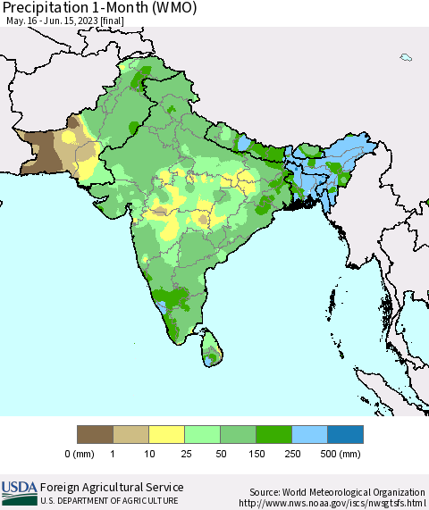 Southern Asia Precipitation 1-Month (WMO) Thematic Map For 5/16/2023 - 6/15/2023