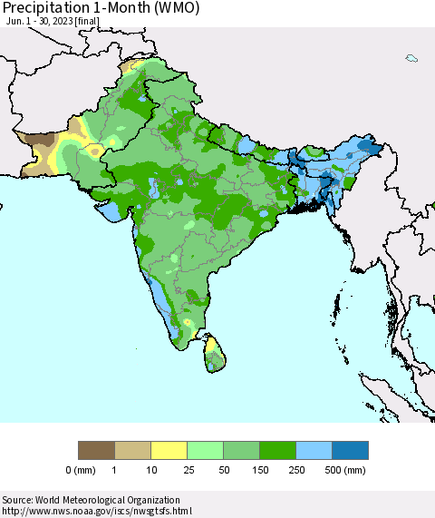 Southern Asia Precipitation 1-Month (WMO) Thematic Map For 6/1/2023 - 6/30/2023