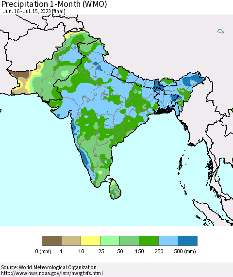 Southern Asia Precipitation 1-Month (WMO) Thematic Map For 6/16/2023 - 7/15/2023