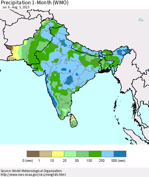 Southern Asia Precipitation 1-Month (WMO) Thematic Map For 7/6/2023 - 8/5/2023