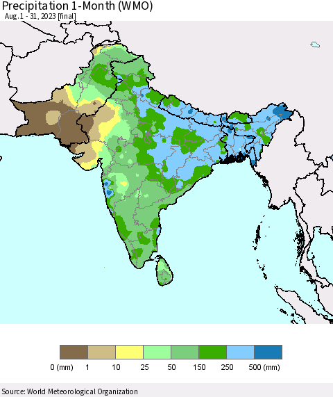 Southern Asia Precipitation 1-Month (WMO) Thematic Map For 8/1/2023 - 8/31/2023
