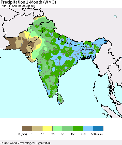 Southern Asia Precipitation 1-Month (WMO) Thematic Map For 8/11/2023 - 9/10/2023