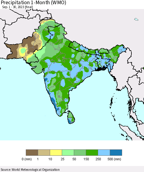 Southern Asia Precipitation 1-Month (WMO) Thematic Map For 9/1/2023 - 9/30/2023