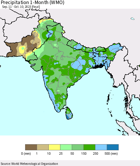 Southern Asia Precipitation 1-Month (WMO) Thematic Map For 9/11/2023 - 10/10/2023