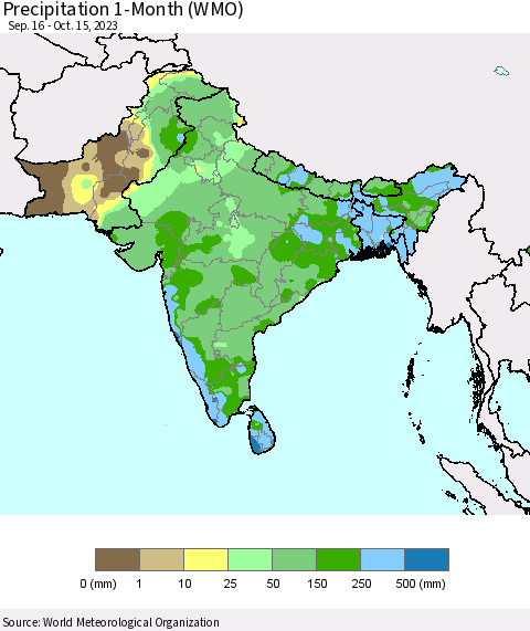 Southern Asia Precipitation 1-Month (WMO) Thematic Map For 9/16/2023 - 10/15/2023