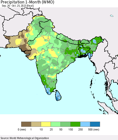 Southern Asia Precipitation 1-Month (WMO) Thematic Map For 9/26/2023 - 10/25/2023