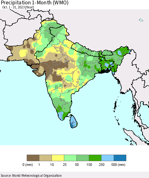 Southern Asia Precipitation 1-Month (WMO) Thematic Map For 10/1/2023 - 10/31/2023