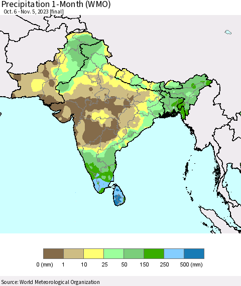 Southern Asia Precipitation 1-Month (WMO) Thematic Map For 10/6/2023 - 11/5/2023