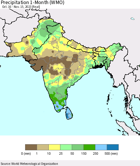 Southern Asia Precipitation 1-Month (WMO) Thematic Map For 10/16/2023 - 11/15/2023
