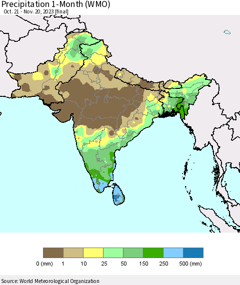 Southern Asia Precipitation 1-Month (WMO) Thematic Map For 10/21/2023 - 11/20/2023