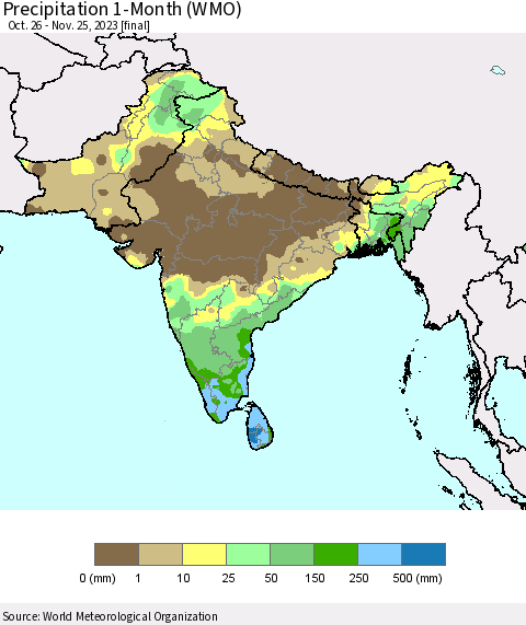 Southern Asia Precipitation 1-Month (WMO) Thematic Map For 10/26/2023 - 11/25/2023