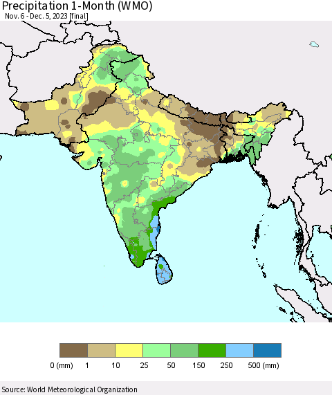 Southern Asia Precipitation 1-Month (WMO) Thematic Map For 11/6/2023 - 12/5/2023
