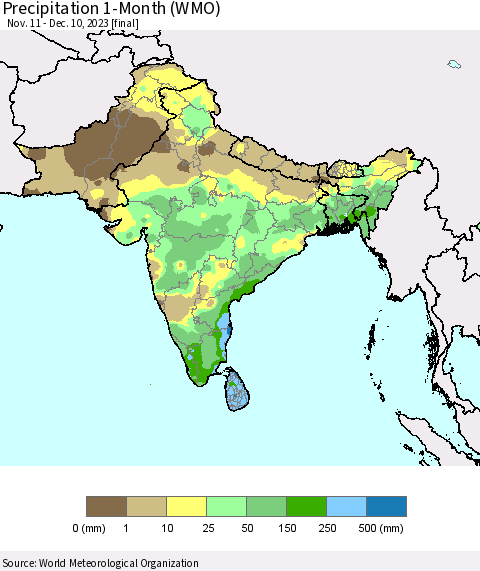 Southern Asia Precipitation 1-Month (WMO) Thematic Map For 11/11/2023 - 12/10/2023