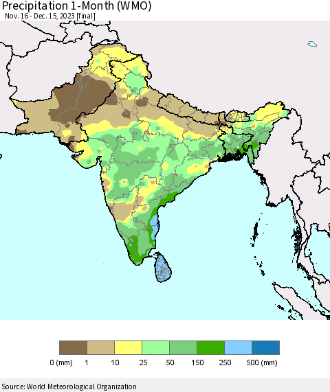 Southern Asia Precipitation 1-Month (WMO) Thematic Map For 11/16/2023 - 12/15/2023