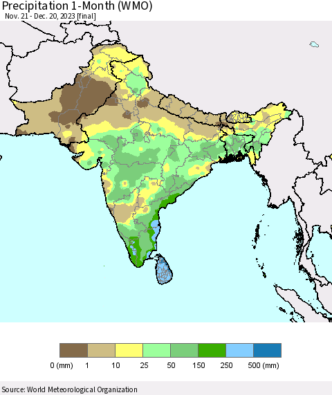 Southern Asia Precipitation 1-Month (WMO) Thematic Map For 11/21/2023 - 12/20/2023