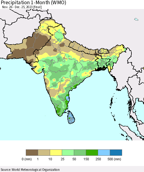 Southern Asia Precipitation 1-Month (WMO) Thematic Map For 11/26/2023 - 12/25/2023