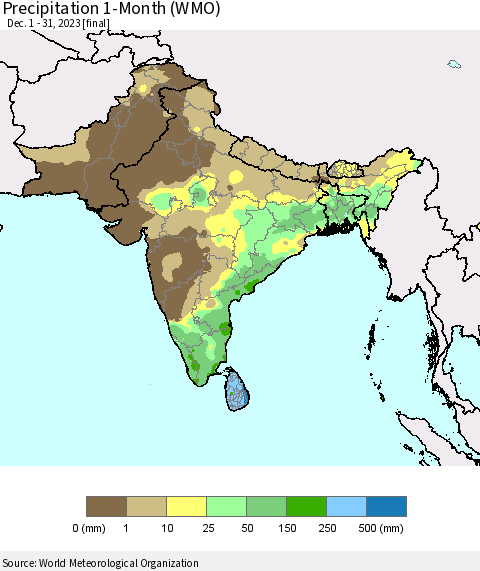 Southern Asia Precipitation 1-Month (WMO) Thematic Map For 12/1/2023 - 12/31/2023