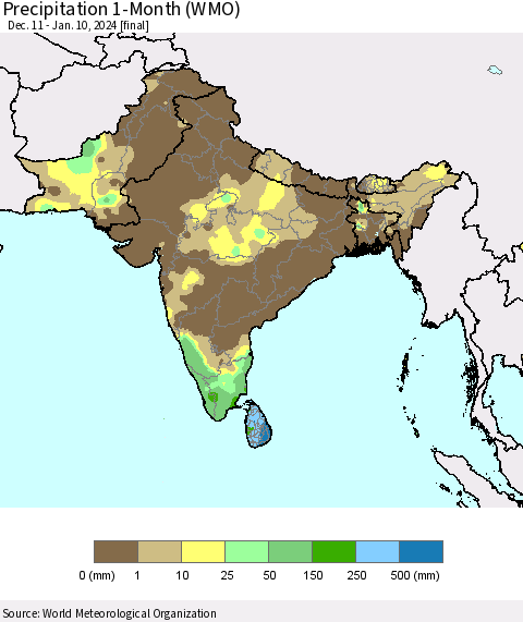 Southern Asia Precipitation 1-Month (WMO) Thematic Map For 12/11/2023 - 1/10/2024