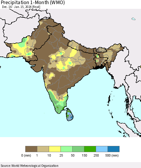 Southern Asia Precipitation 1-Month (WMO) Thematic Map For 12/16/2023 - 1/15/2024