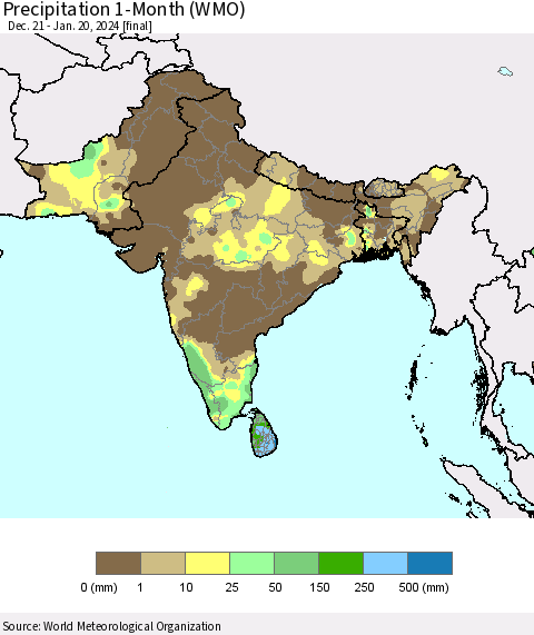 Southern Asia Precipitation 1-Month (WMO) Thematic Map For 12/21/2023 - 1/20/2024