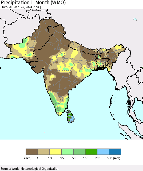Southern Asia Precipitation 1-Month (WMO) Thematic Map For 12/26/2023 - 1/25/2024