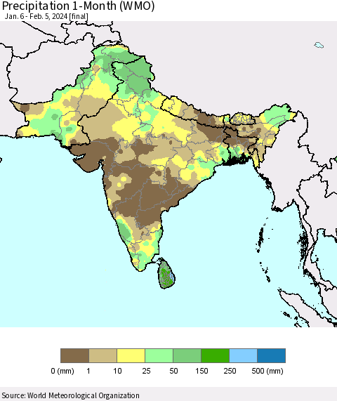 Southern Asia Precipitation 1-Month (WMO) Thematic Map For 1/6/2024 - 2/5/2024