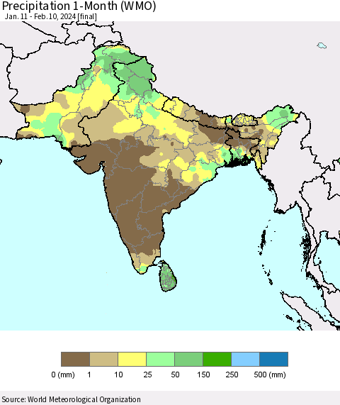 Southern Asia Precipitation 1-Month (WMO) Thematic Map For 1/11/2024 - 2/10/2024