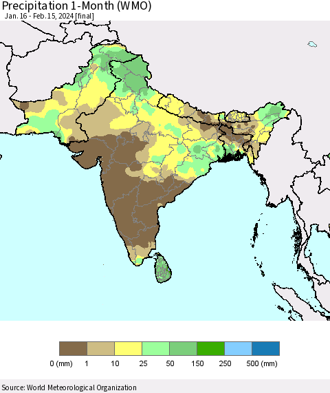 Southern Asia Precipitation 1-Month (WMO) Thematic Map For 1/16/2024 - 2/15/2024