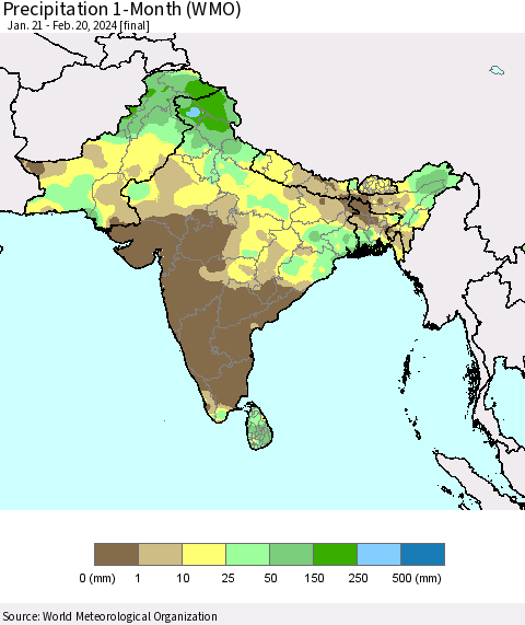 Southern Asia Precipitation 1-Month (WMO) Thematic Map For 1/21/2024 - 2/20/2024