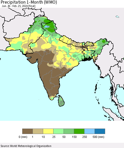 Southern Asia Precipitation 1-Month (WMO) Thematic Map For 1/26/2024 - 2/25/2024