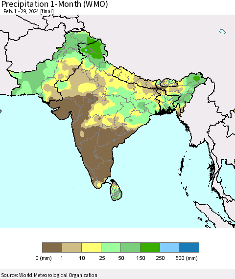 Southern Asia Precipitation 1-Month (WMO) Thematic Map For 2/1/2024 - 2/29/2024