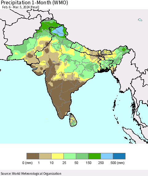 Southern Asia Precipitation 1-Month (WMO) Thematic Map For 2/6/2024 - 3/5/2024