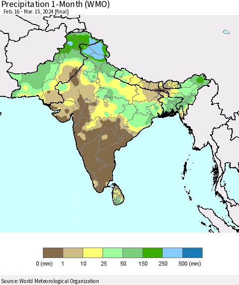 Southern Asia Precipitation 1-Month (WMO) Thematic Map For 2/16/2024 - 3/15/2024