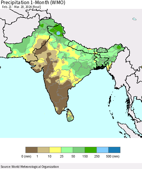 Southern Asia Precipitation 1-Month (WMO) Thematic Map For 2/21/2024 - 3/20/2024