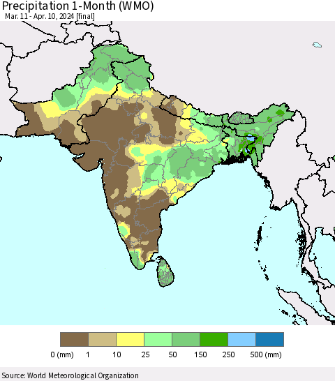 Southern Asia Precipitation 1-Month (WMO) Thematic Map For 3/11/2024 - 4/10/2024