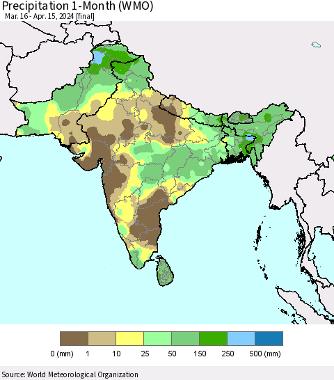 Southern Asia Precipitation 1-Month (WMO) Thematic Map For 3/16/2024 - 4/15/2024