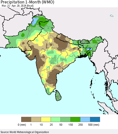 Southern Asia Precipitation 1-Month (WMO) Thematic Map For 3/21/2024 - 4/20/2024