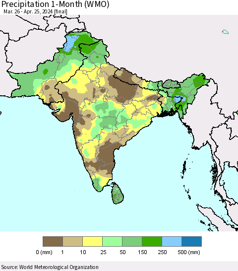 Southern Asia Precipitation 1-Month (WMO) Thematic Map For 3/26/2024 - 4/25/2024
