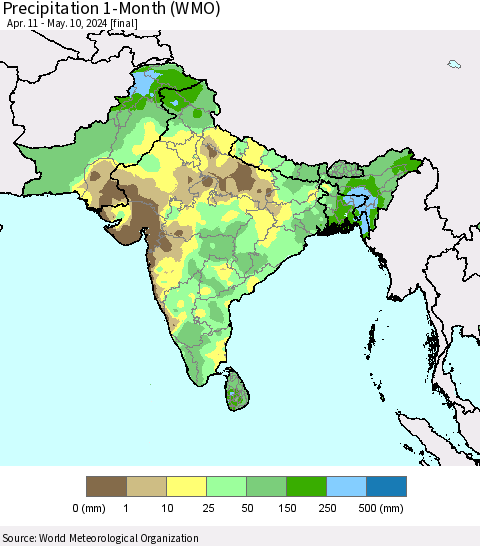 Southern Asia Precipitation 1-Month (WMO) Thematic Map For 4/11/2024 - 5/10/2024