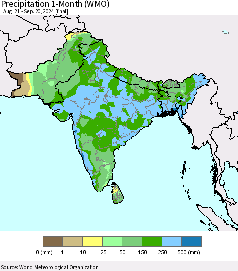 Southern Asia Precipitation 1-Month (WMO) Thematic Map For 8/21/2024 - 9/20/2024