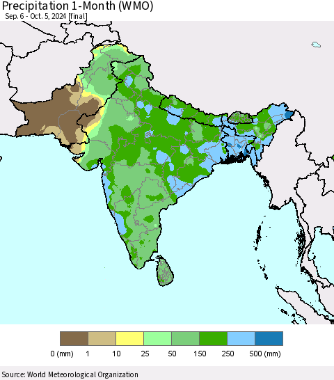 Southern Asia Precipitation 1-Month (WMO) Thematic Map For 9/6/2024 - 10/5/2024
